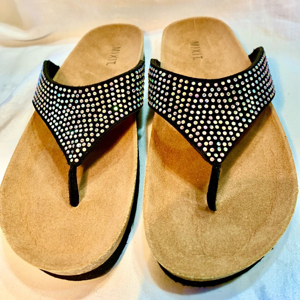 Mix It Women Thong Sandal Rainbow Bejeweled upper Leather insole Cork soles  9.5